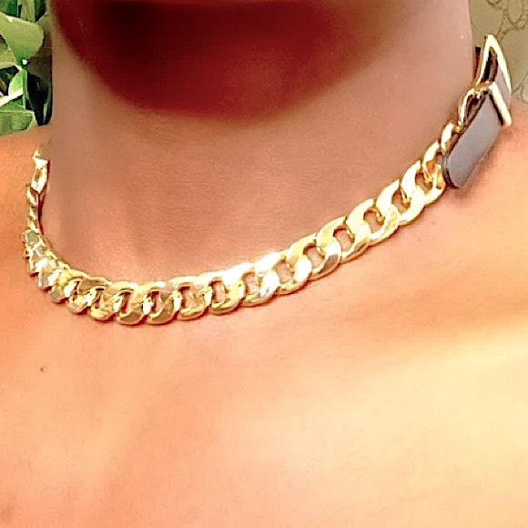 Gold Buckle Cuban Chain Link Leather Choker - Picture 11 of 11